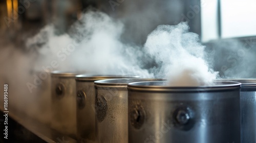 Steaming metal containers in a kitchen setting