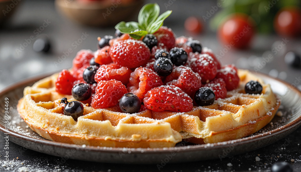 Delicious waffle topped with fresh berries and powdered sugar, indulgent treat, International Waffle Day Delicious waffle topped with fresh berries and powdered sugar, indulgent treat, International Waffle Day