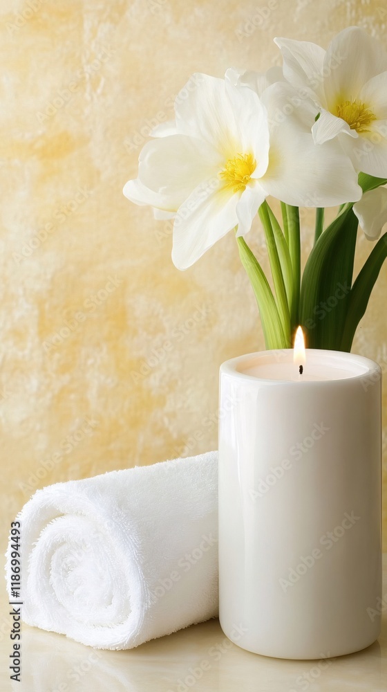 Serene Spa Setting White Flowers Candle Towel Serene Spa Setting White Flowers Candle Towel