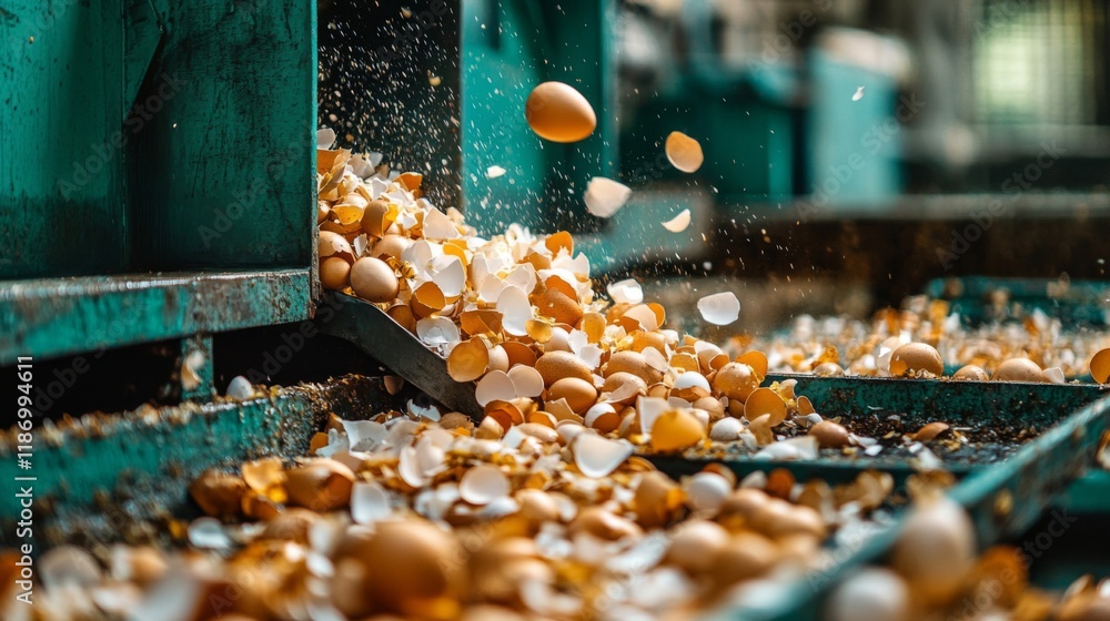 Eggshells and Eggs Falling on Conveyor Belt Eggshells and Eggs Falling on Conveyor Belt