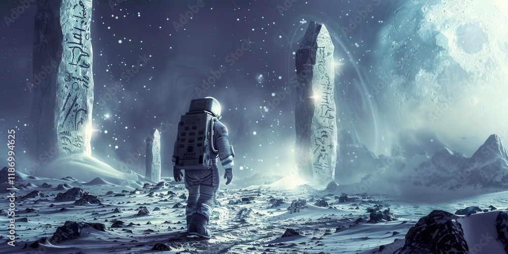 Obraz premium An astronaut explores a mystical alien landscape with towering stone monoliths under a starry sky.