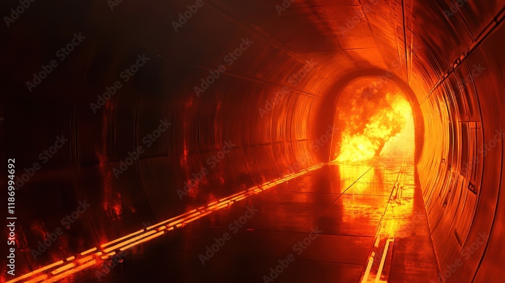 Obraz premium Fiery Inferno Engulfs Tunnel Entrance Awaiting Passage