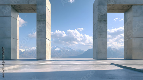 ancient inspired abstract architecture in 3d rendering featuring an expansive empty parking area with concrete flooring, set against a breathtaking mountain and open sky.