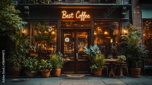Cozy coffee shop exterior at night with plants.