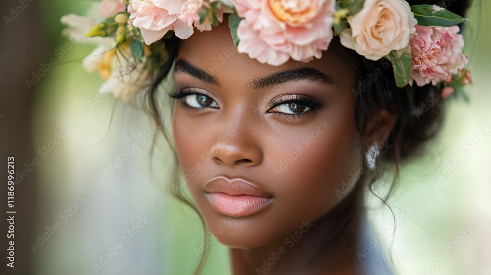 Close-up portrait of a beautiful Black woman wearing a flower crown. (1) Close-up portrait of a beautiful Black woman wearing a flower crown. (1)