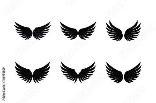 Set of Angel Wings Icon Silhouette on White Background