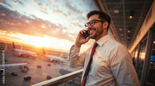 A man with glasses smiles, talking on his phone, with airplanes visible out the window at sunset. He wears a light colored shirt and a dark tie, suggesting a business trip
