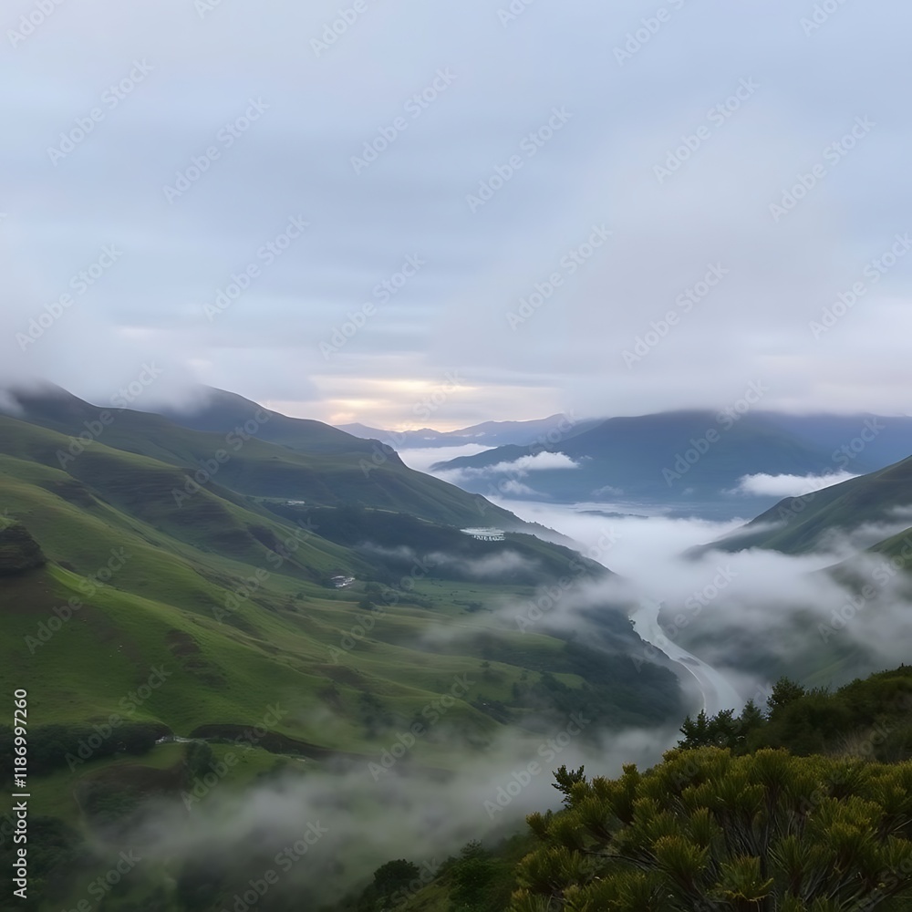 Fototapeta premium Misty mountain valley sunrise.
