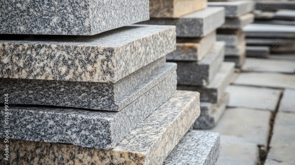 Granite slabs stacked for construction paving sidewalks and building finishes showcasing texture and durability in architectural materials Granite slabs stacked for construction paving sidewalks and building finishes showcasing texture and durability in architectural materials