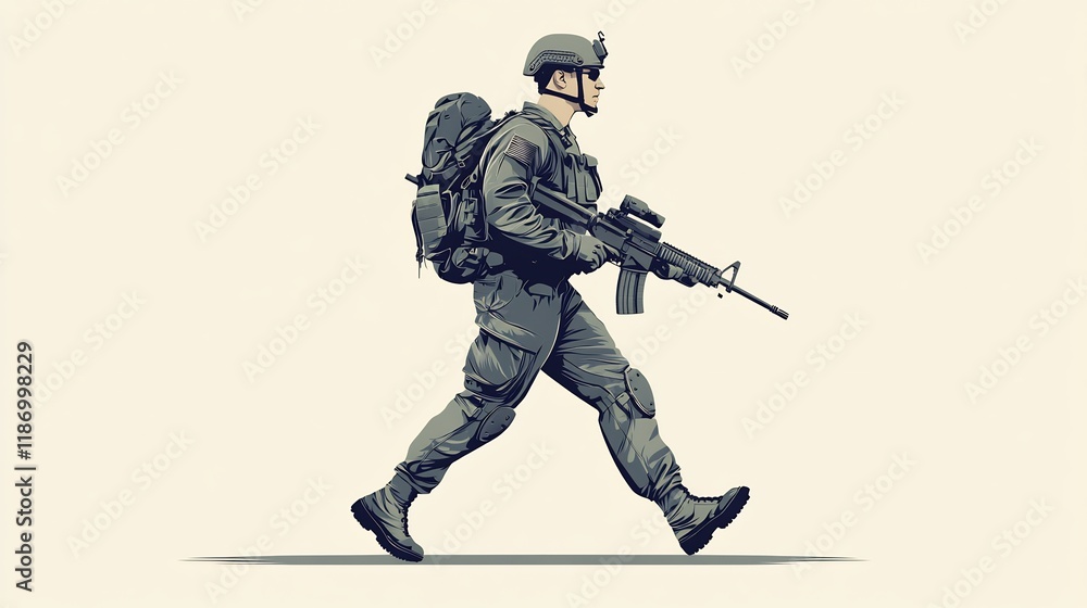 A soldier walking with a rifle and backpack A soldier walking with a rifle and backpack