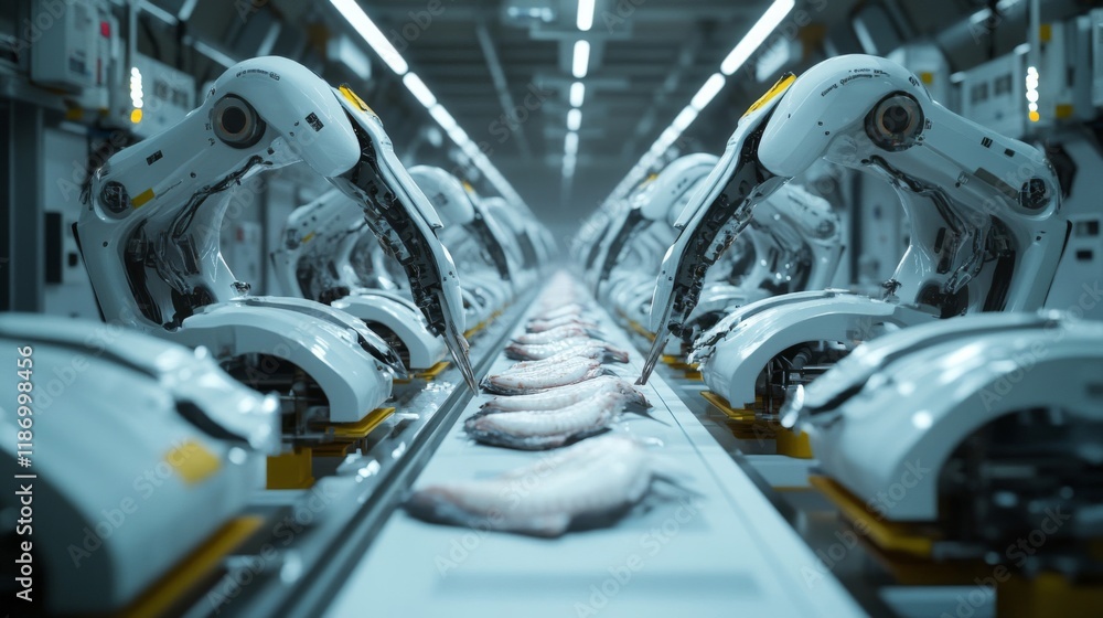 Fototapeta premium Robotic Assembly Line Processing Fish Products