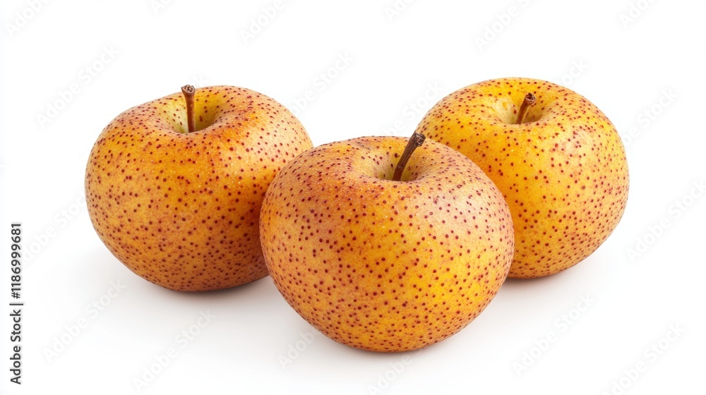 Fresh and Juicy Yellow Apples with Red Speckles on White Background Fresh and Juicy Yellow Apples with Red Speckles on White Background