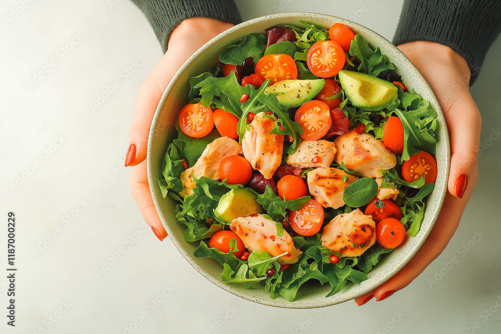 Woman's hands holding a bowl with salad with tomatoes, chicken, avocado, green leaves, top view of only hands with space for text or inscriptions, healthy eating theme.isolated Woman's hands holding a bowl with salad with tomatoes, chicken, avocado, green leaves, top view of only hands with space for text or inscriptions, healthy eating theme.isolated