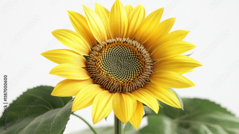 Bright Yellow Sunflower with Green Leaves on Light Background Bright Yellow Sunflower with Green Leaves on Light Background