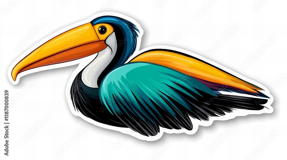 Obraz premium Vibrant toucan illustration, showcasing its colorful plumage and large beak against a white background.