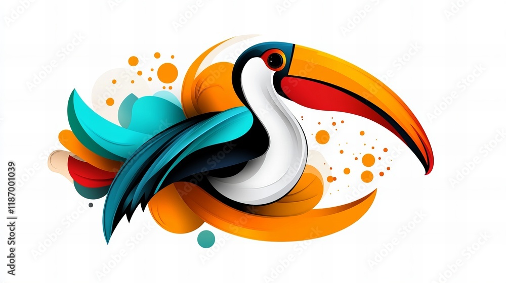 Obraz premium Vibrant toucan illustration in a stylized, abstract design. Bold colors and fluid shapes create a lively artwork.
