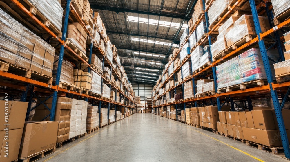 Warehouse Interior with Rows of Palletized Cardboard Boxes Warehouse Interior with Rows of Palletized Cardboard Boxes