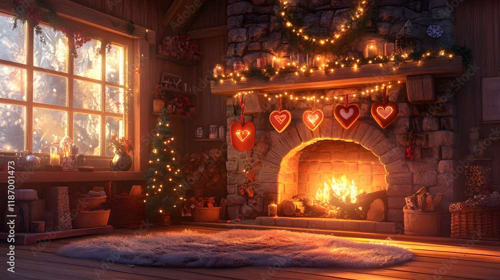 Obraz premium Cozy fireplace setting with glowing lights and festive decorations for holiday gatherings in a rustic cabin