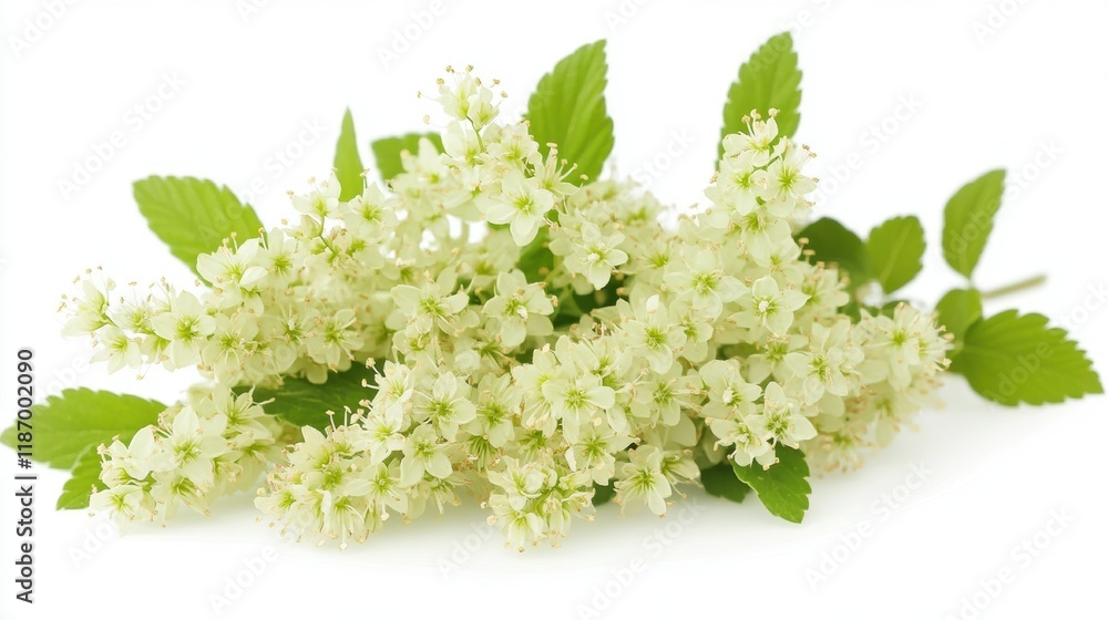 Delicate White Flower Cluster with Green Leaves on White Background Delicate White Flower Cluster with Green Leaves on White Background