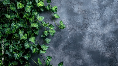 Lush Green Creeper Plant Cascading Against a Textured Gray Wall for Interior Decor Inspiration photo