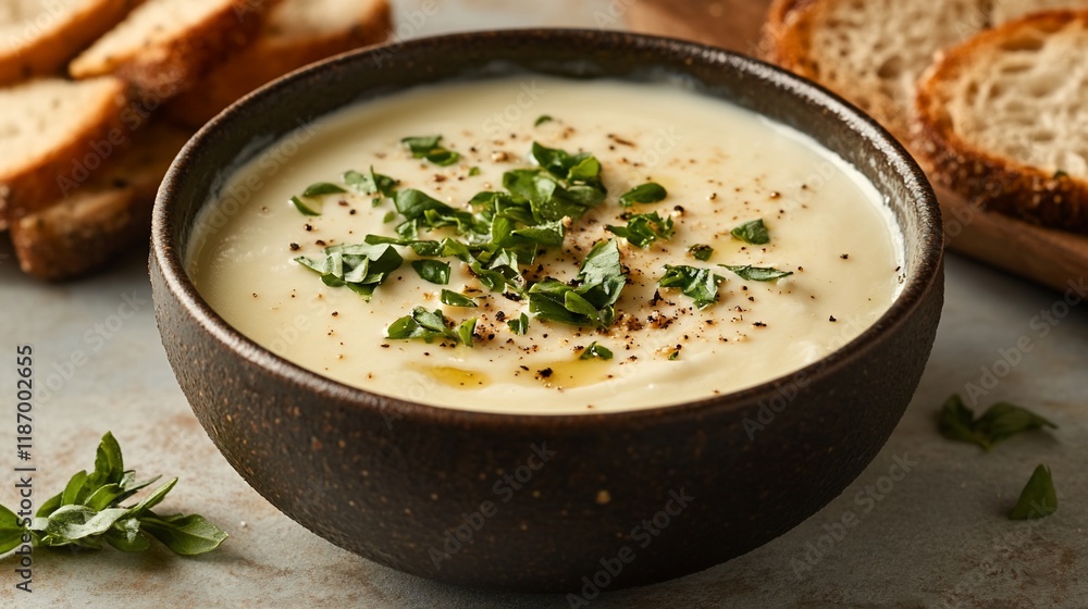 Creamy potato soup in bowl with basil and bread. Creamy potato soup in bowl with basil and bread.