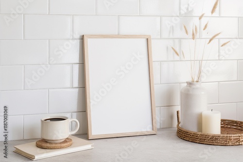 Minimalist interior, white brick wall, wooden frame mockup, coffee cup, dried palm leaf, white ceramic vase, neutral tones, Scandinavian design, cozy home office, natural textures, soft lighting, clea photo