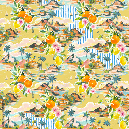 Beautiful vector tropical seamless pattern with hand drawn paradise islands with mountains and palm trees on beaches with ocean and clouds in sky. Ready tropical print design.