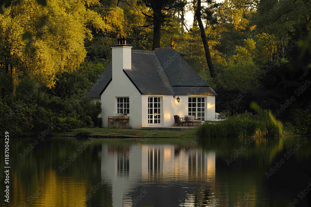 Nestled in a tranquil woodland, this charming white cottage sits peacefully by a serene lake, enveloped by lush greenery, especially radiant during the golden hour Nestled in a tranquil woodland, this charming white cottage sits peacefully by a serene lake, enveloped by lush greenery, especially radiant during the golden hour