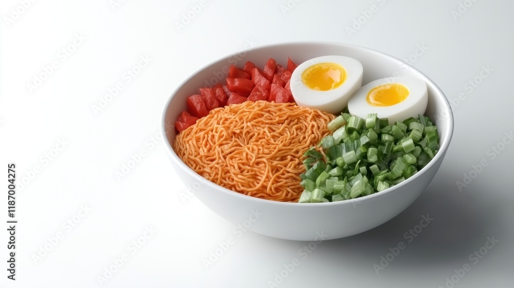 Colorful Bowl of Noodles with Fresh Vegetables and Soft Boiled Eggs Colorful Bowl of Noodles with Fresh Vegetables and Soft Boiled Eggs