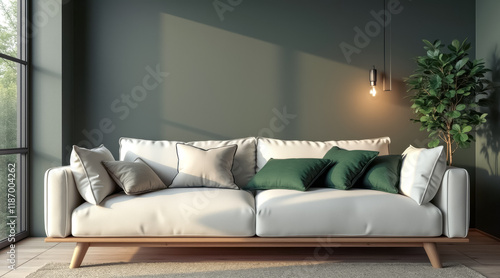 white couch with green pillows a serene living room