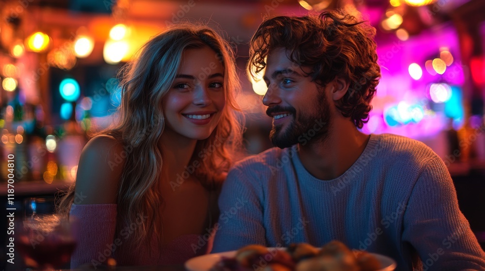 In a lively bar setting, a couple shares joyful moments together, surrounded by colorful lights and lively atmosphere, while enjoying tasty snacks. In a lively bar setting, a couple shares joyful moments together, surrounded by colorful lights and lively atmosphere, while enjoying tasty snacks.