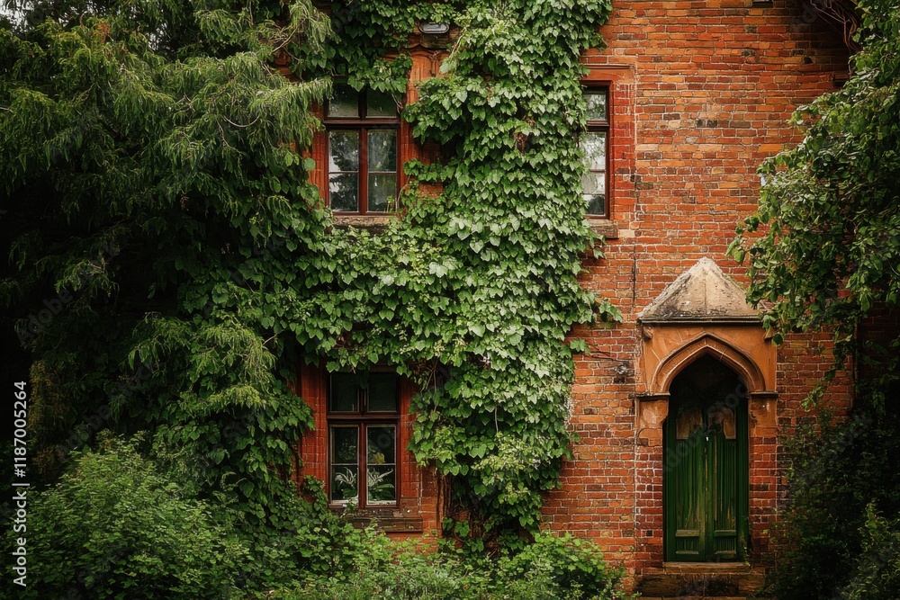 Vibrant green vines envelop an old brick house in a quiet, serene location surrounded by lush greenery during the midday sunlight, showcasing nature's reclaiming of architecture Vibrant green vines envelop an old brick house in a quiet, serene location surrounded by lush greenery during the midday sunlight, showcasing nature's reclaiming of architecture