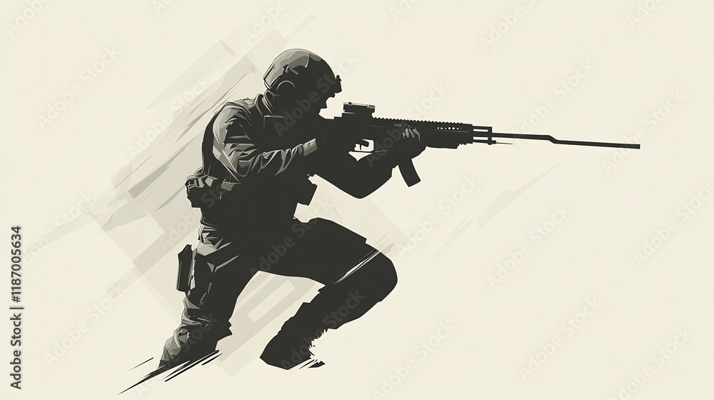 Silhouette of a Soldier in Combat Position, Aiming Rifle Silhouette of a Soldier in Combat Position, Aiming Rifle