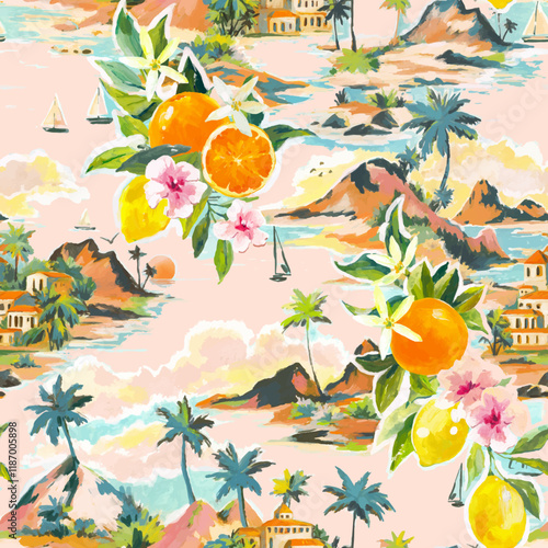Beautiful vector tropical seamless pattern with hand drawn paradise islands with mountains and palm trees on beaches with ocean and clouds in sky. Ready tropical print design.