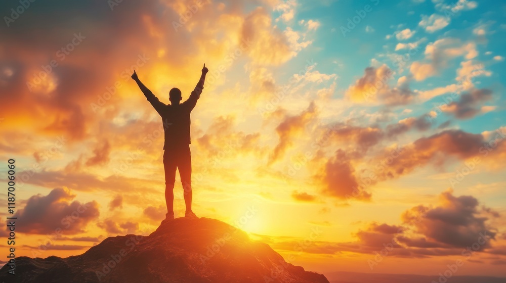 Triumphant Silhouette at Sunset: A Man's Victory on a Mountain Peak Triumphant Silhouette at Sunset: A Man's Victory on a Mountain Peak