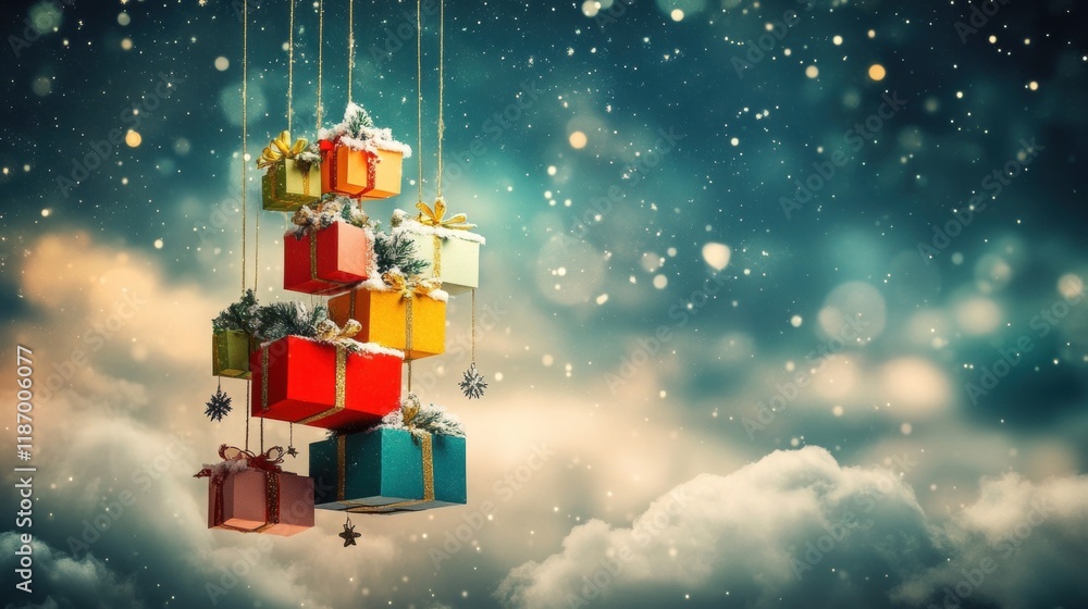 Naklejka premium Festive Christmas Gifts Floating in a Dreamy Winter Wonderland Scene