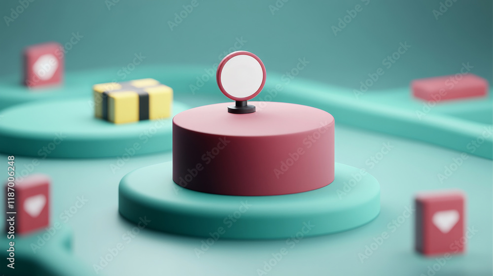 A stylized display featuring geometric shapes, a mirror, and colorful elements, creating a modern and playful aesthetic. A stylized display featuring geometric shapes, a mirror, and colorful elements, creating a modern and playful aesthetic.