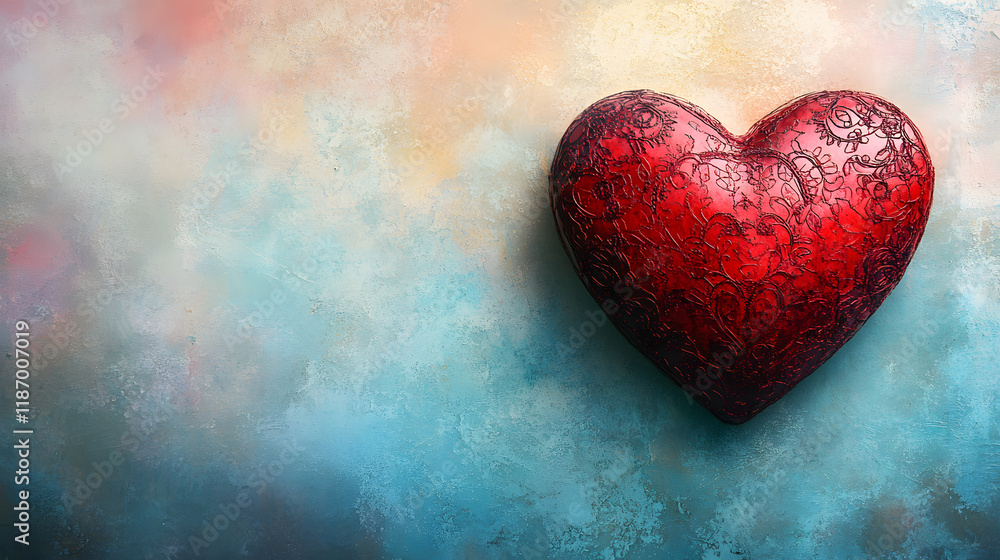 Fototapeta premium Heart-shaped decoration with intricate lace pattern on a colorful textured background