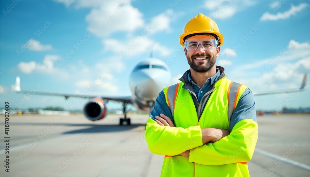 A safety-geared man stands confidently in front of a commercial airplane on a sunlit tarmac.
A safety-geared man stands confidently in front of a commercial airplane on a sunlit tarmac.