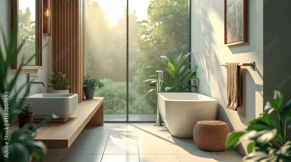 Fototapeta premium serene sunlit modern bathroom with wooden accents abundant greenery