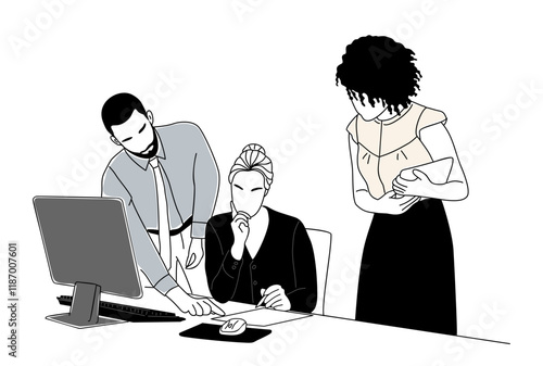 Business people sitting at desk with computer monitor in office. Productive teamwork business concept. vector hand drawn illustration isolated on transparent background