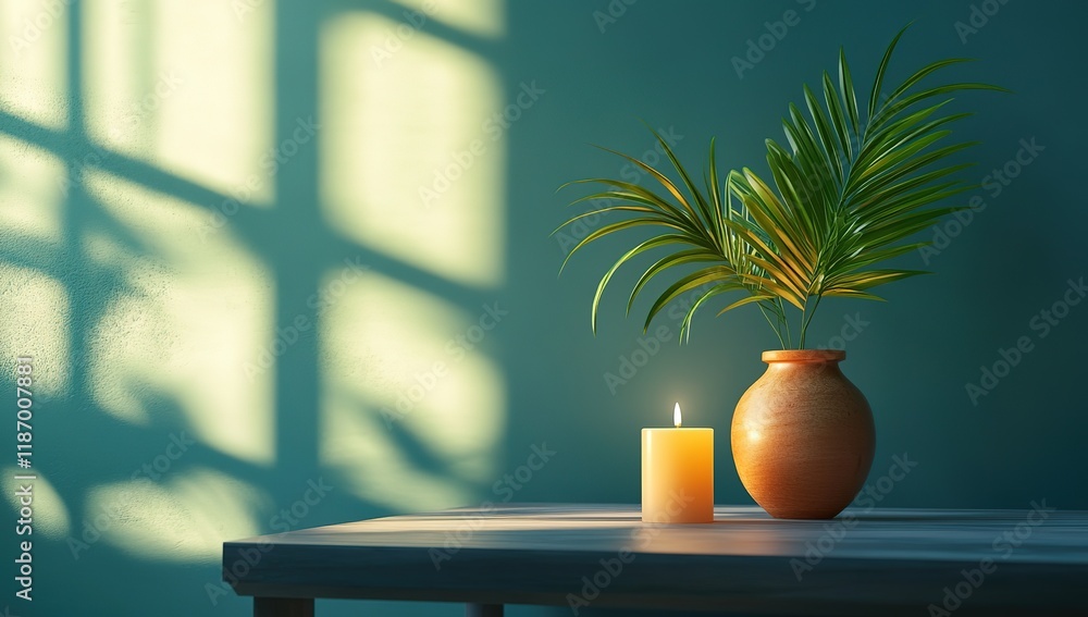 3D rendering of a table with a candle and a green plant in a vase on a blue background. 3D rendering of a table with a candle and a green plant in a vase on a blue background.