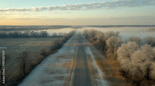 Serene Winter Landscape with Foggy Road and Frosty Trees