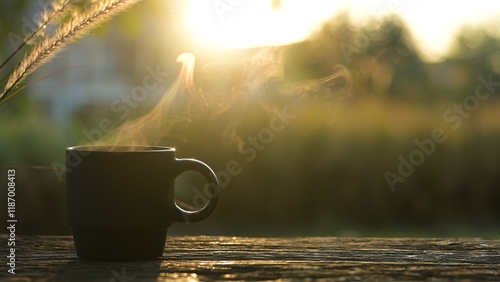Steaming Hot Coffee Mug at Sunrise Nature Scene Slow Motion Espresso Concept Warm Beverage in Morning Light