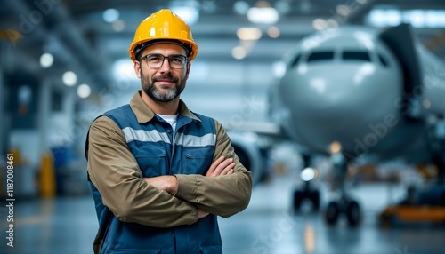 An engineer stands confidently in a hangar with a passenger airplane in maintenance.

 photo