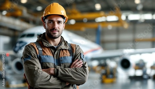 An engineer stands confidently in a hangar with a passenger airplane in maintenance.

 photo