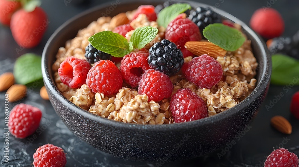 Closeup of a Bowl of Granola with Raspberries Blackberries and Almonds Closeup of a Bowl of Granola with Raspberries Blackberries and Almonds