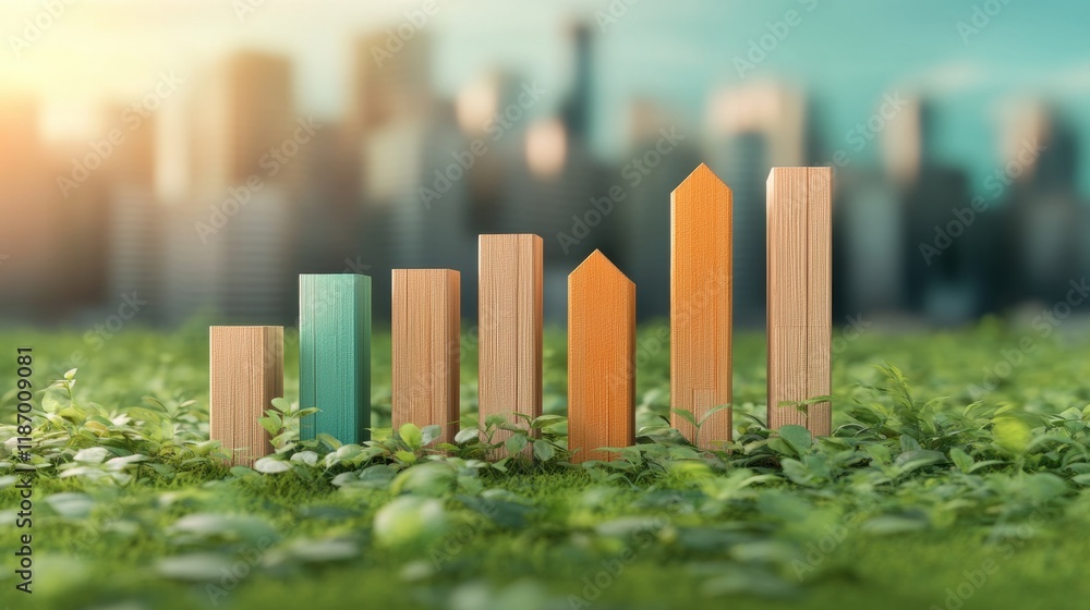 Growth Progress Graph with Wooden Bars and Green Plants in City Growth Progress Graph with Wooden Bars and Green Plants in City