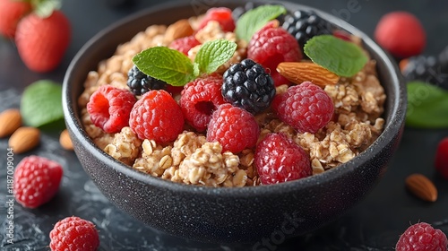 Closeup of a Bowl of Granola with Raspberries Blackberries and Almonds photo