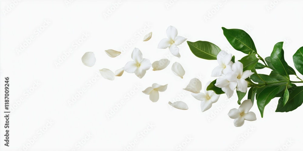 A white flower with a green leaf is shown in the air. The flower is surrounded by white petals and is in the process of falling. Concept of beauty and fragility A white flower with a green leaf is shown in the air. The flower is surrounded by white petals and is in the process of falling. Concept of beauty and fragility